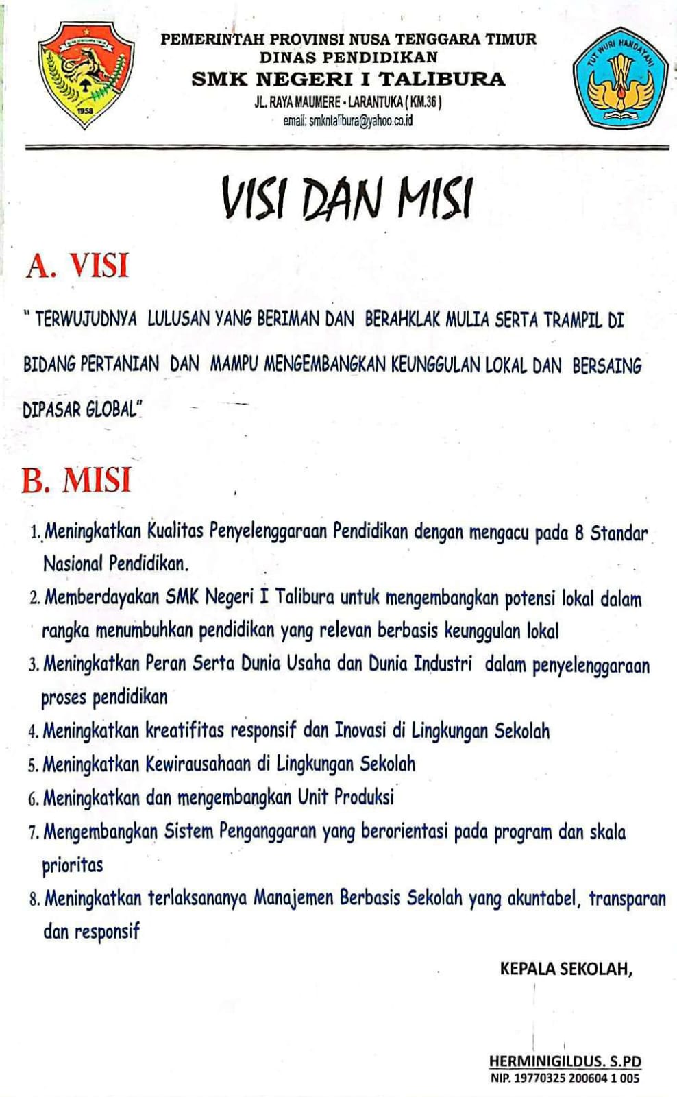 Papan visi dan misi SMKN Talibura
